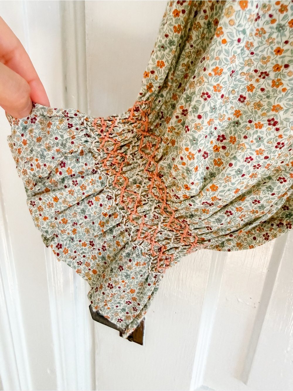Doen Smocked Floral Blouse in Cream with Pink and Green Accents - Picture 6 of 9